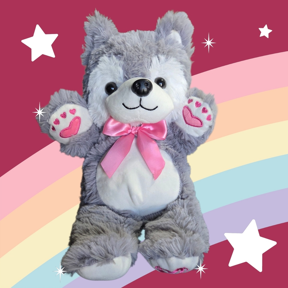Kellytoy Siverian Husky Gray and Pink Stuffed Animal with Fluffy Fur